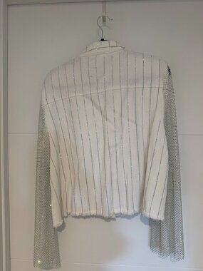 Origami White Rhinestone Denim Jacket Crystal Mesh Sleeves Sz L
